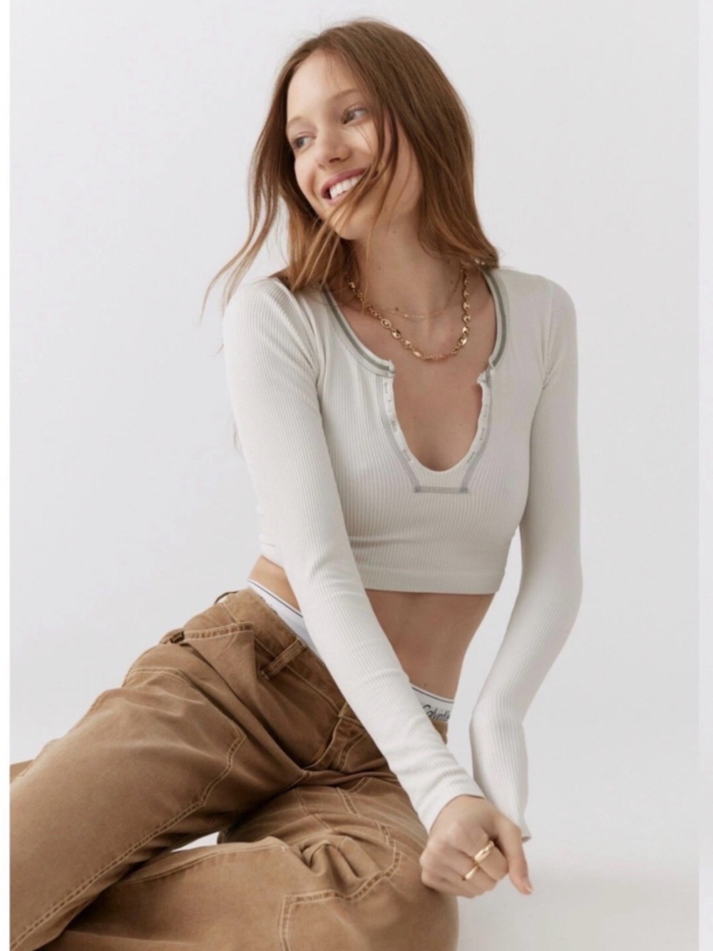 Urban Outfitters Going for Gold Long Sleeve Rib Crop Top